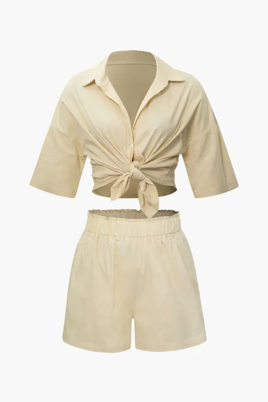 Drop Shoulder Button Up Shirt And Elastic Waist Shorts Set sold by Micas