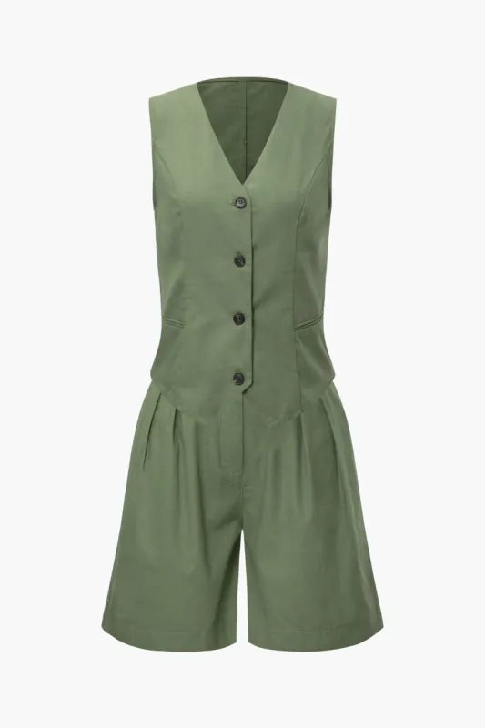 Linen-Blend Button Up Vest And Pleated Shorts Set made by Micas