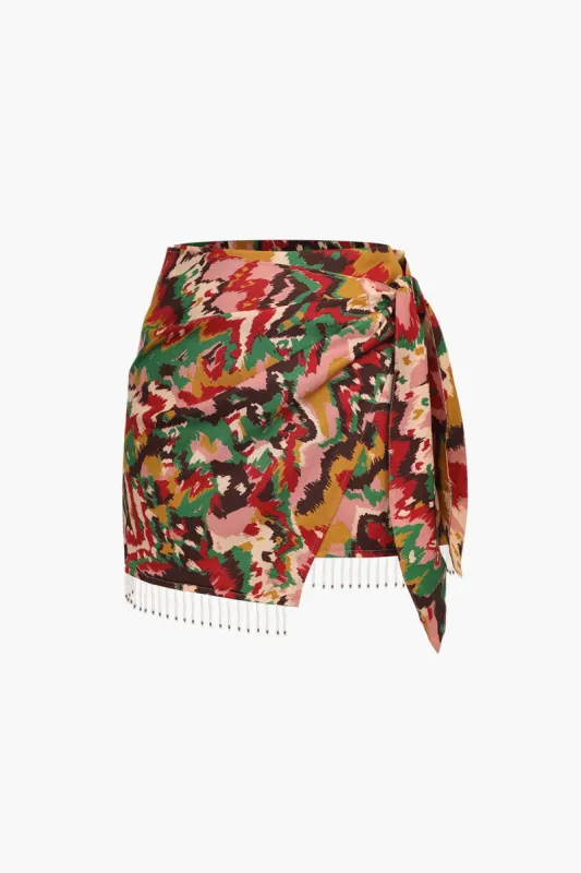 Printed Beaded Hem Wrap Mini Skirt sold by Micas
