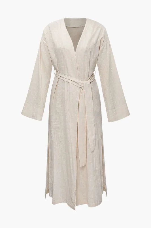 Linen-blend V-neck Belted Maxi Dress sold by Micas