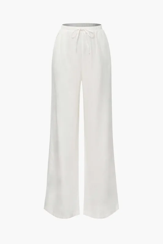 Linen-Blend Tie Waist Full-length Straight Leg Pants sold by Micas
