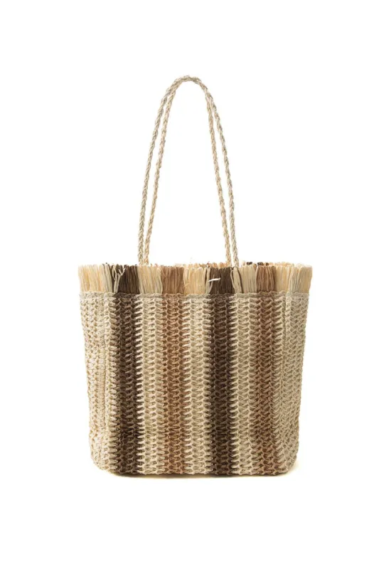 Color Block Fringe Straw Tote Bag sold by Micas