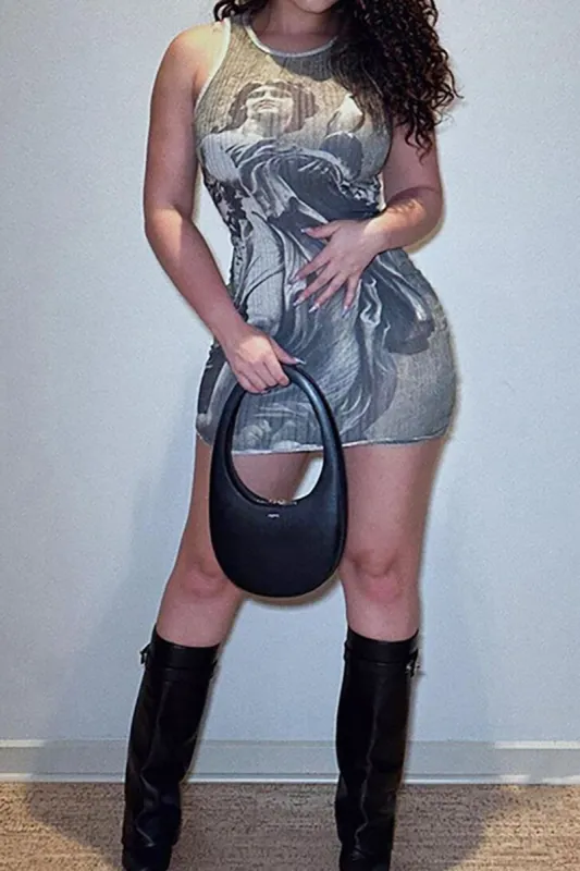 Sculpture Artistic Print Round Neck Sleeveless Mini Dress sold by Micas