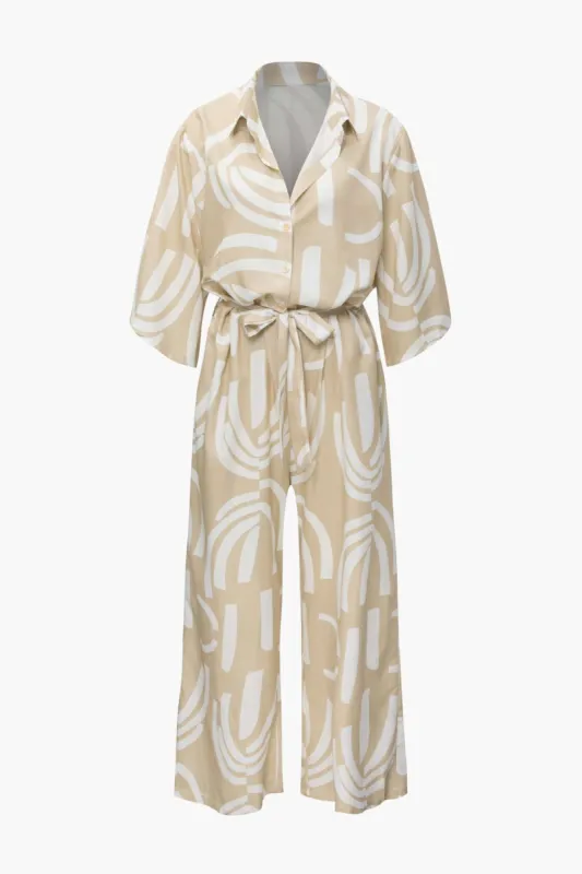 Pattern Button Down Belted Wide Leg Jumpsuit sold by Micas