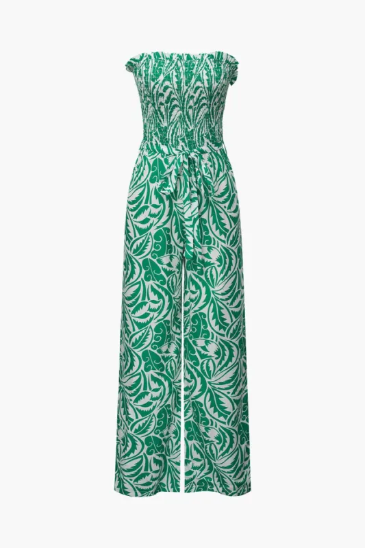 Leaves Print Frill Tie Waist Jumpsuit sold by Micas