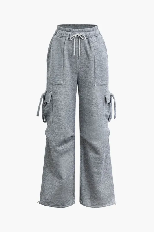 Drawstring Elastic Flap Pocket Wide Leg Cargo Pants sold by Micas