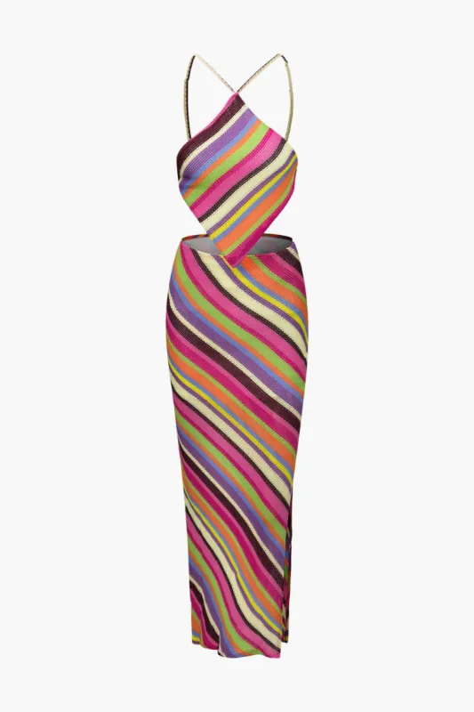 Rainbow Stripe Knit V-Hem Cami And Slit Skirt Set sold by Micas