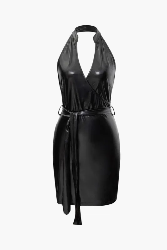 Faux Leather Backless V-neck Wrap Mini Dress sold by Micas