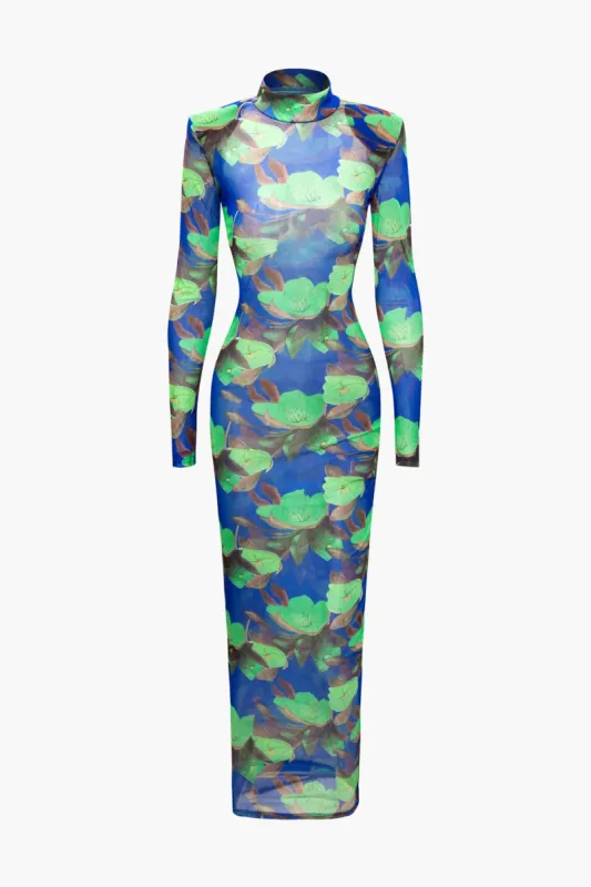 Floral Print Turtleneck Mesh Long Sleeve Maxi Dress sold by Micas