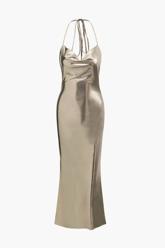 Metallic Halter Backless Maxi Dress sold by Micas