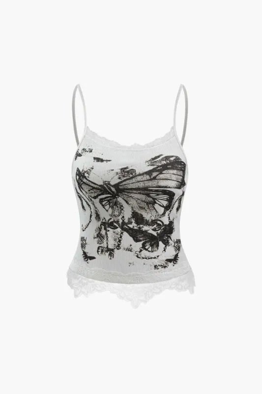 Butterfly Print Lace Trim Cami Top sold by Micas