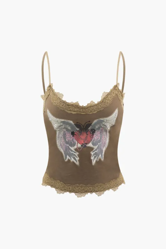Butterfly Print Lace Trim Cami Top sold by Micas