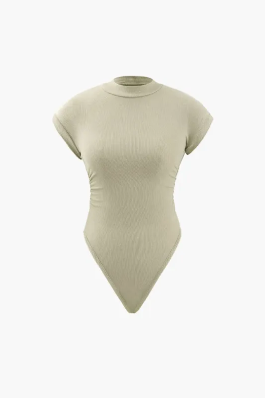 Mock Neck Short Sleeve Rib-Knit Ruched Bodysuit sold by Micas