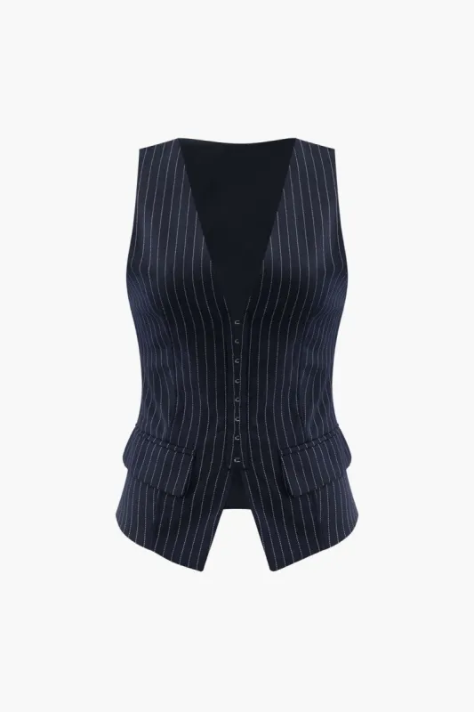 Vertical Stripe V-neck Hook And Eye Vest sold by Micas