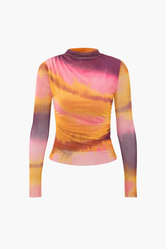 Tie Dye Mesh Ruched Long Sleeve Top sold by Micas