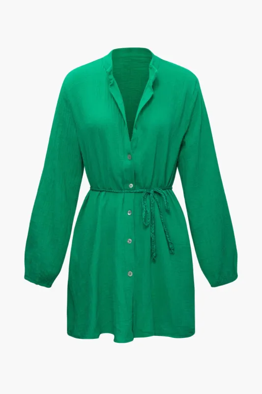 Button Up Mini Shirt Dress With Braided Tie sold by Micas