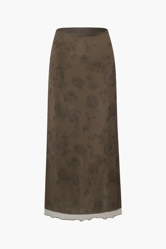 Floral Print Mesh Lettuce Trim Maxi Skirt sold by Micas