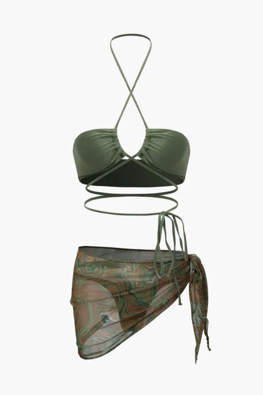 Tie Side Bikini And Printed Mesh Sarong Set sold by Micas