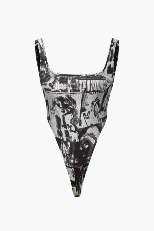 Printed Square Neck Backless Bodysuit made by Micas