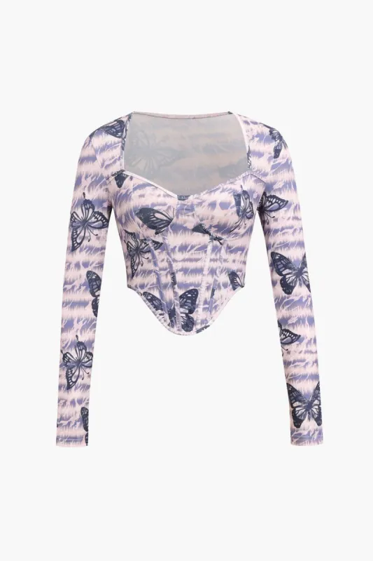 Butterfly Print Long Sleeve Corset Top sold by Micas