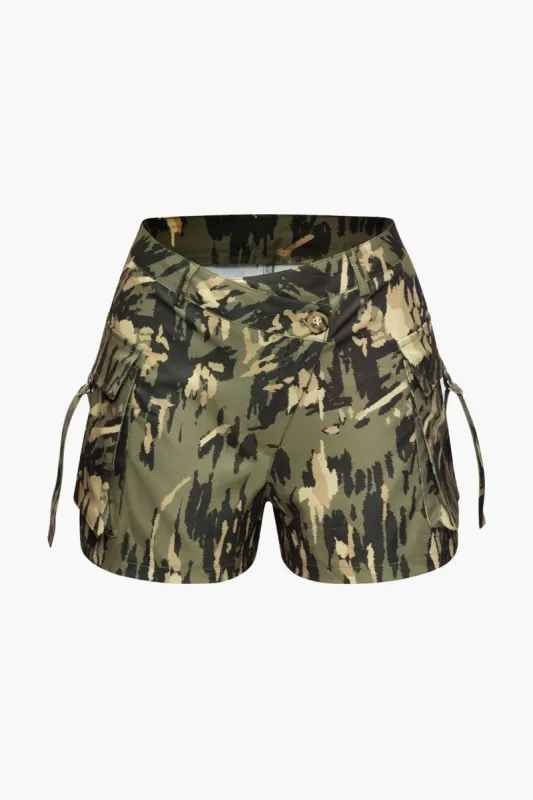 Camo Asymmetric Waist Cargo Shorts made by Micas
