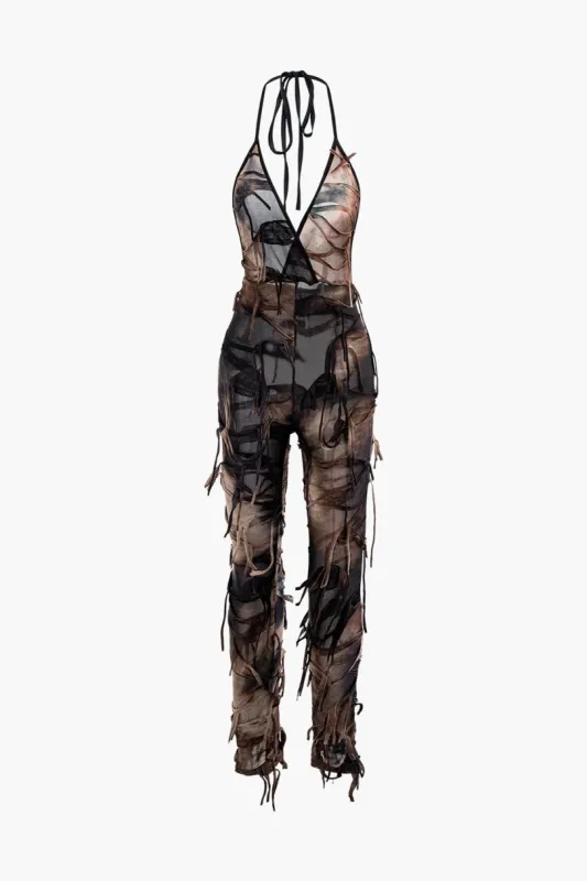Tie Dye Distressed Halter Jumpsuit sold by Micas