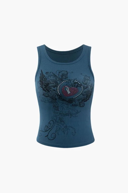 Printed Heart Embellished Tank Top sold by Micas