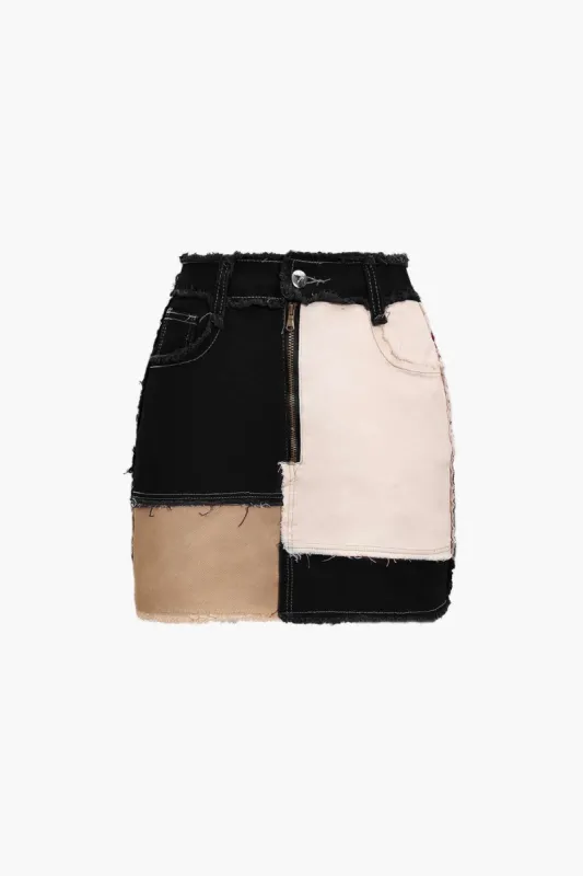 Patchwork Frayed Mini Skirt sold by Micas