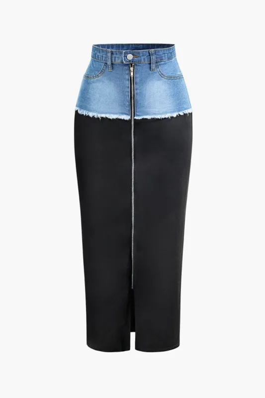 Contrast Denim Panel Zip Up Midi Skirt sold by Micas