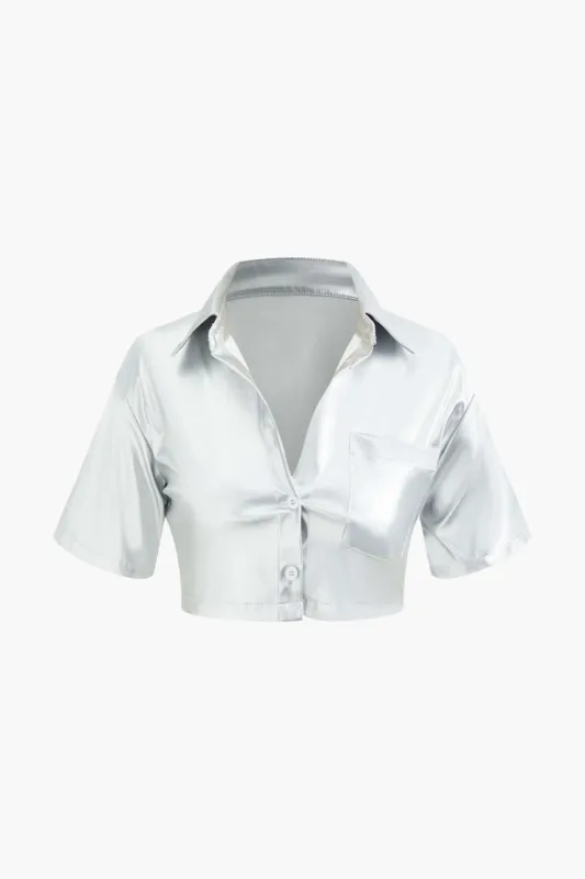 Metallic V-neck Chest Pocket Crop Shirt sold by Micas
