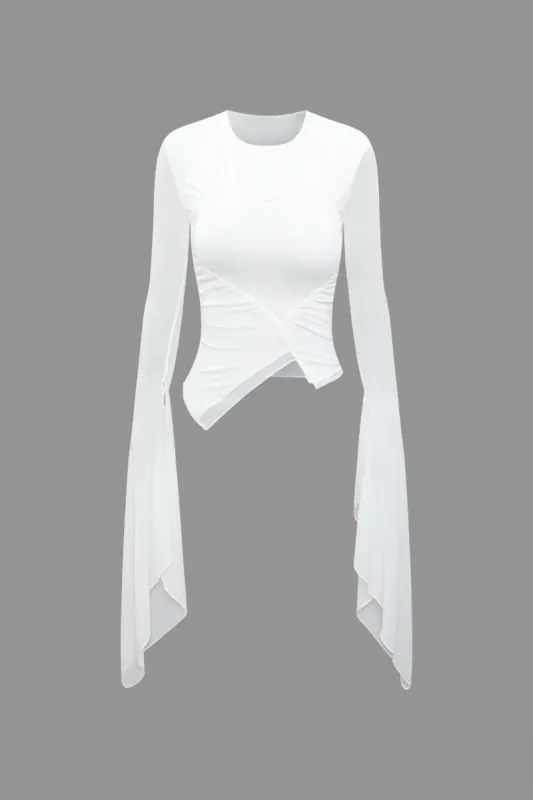 Heart-shaped Asymmetric Bell Sleeve Mesh Top sold by Micas