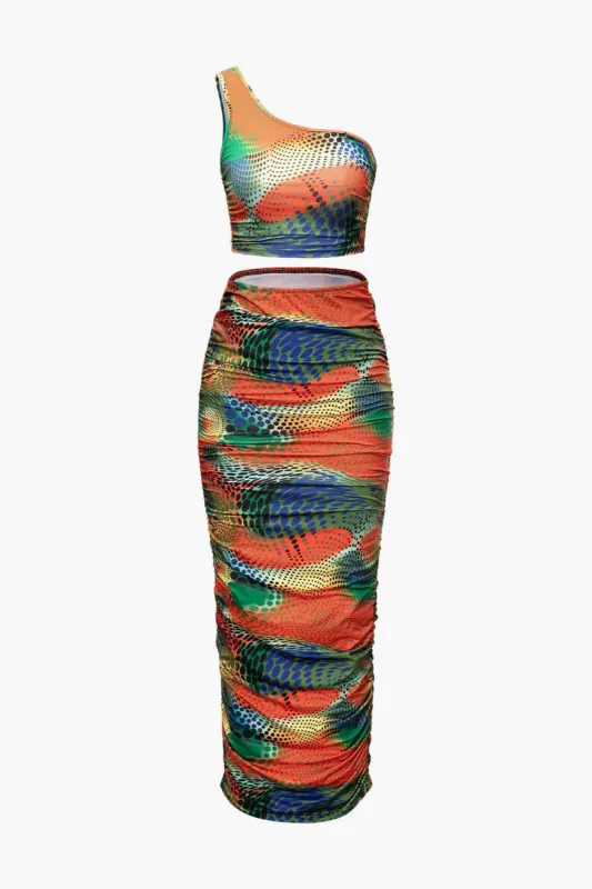 Polka Dot Print One Shoulder Top And Ruched Maxi Skirt Set sold by Micas