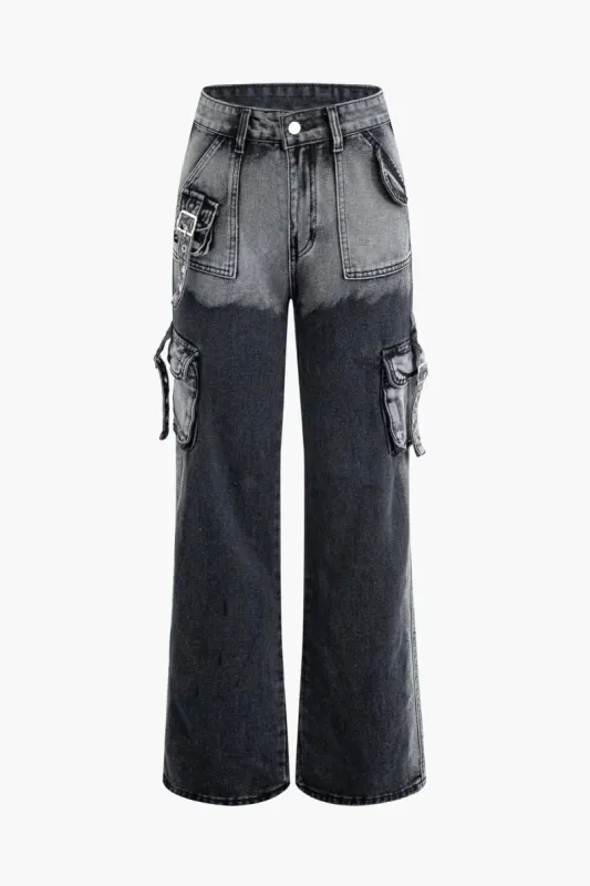 Tie Dye Flap Pocket Straight Leg Cargo Jeans sold by Micas