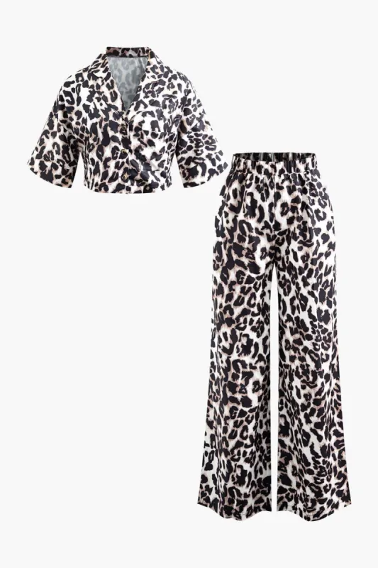 Leopard Print V-neck Crop Shirt And Wide Leg Pants Set made by Micas