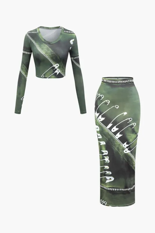 Paper Clip Print Round Neck Long Sleeve Top And Split Skirt Set sold by Micas