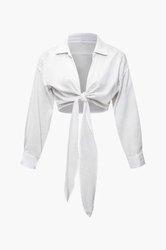 Linen-Blend Knot Hem Blouse sold by Micas
