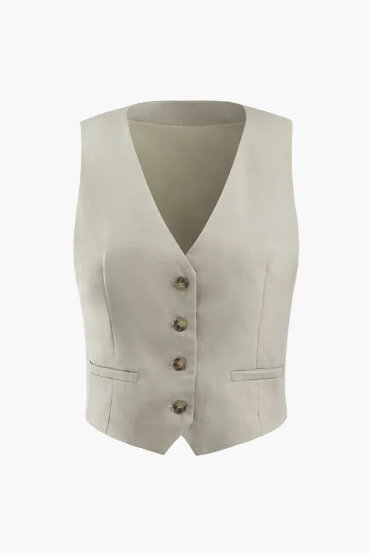 Linen-Blend V-neck Button Up Waistcoat sold by Micas