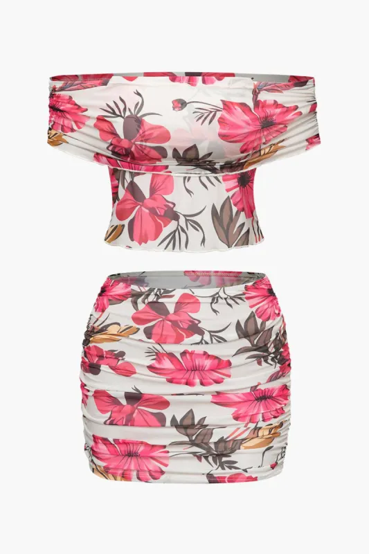 Floral Print Off-Shoulder Top And Ruched Mini Skirt Set sold by Micas