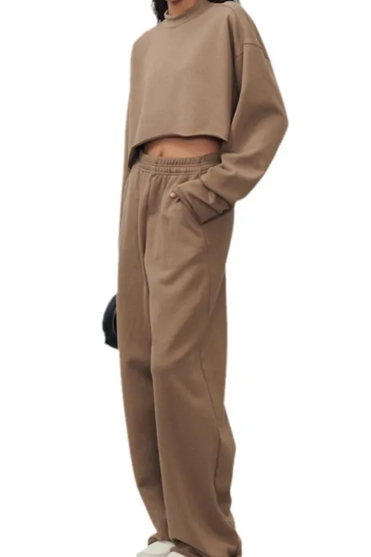 Raw Trim Long Sleeve Pullover Sweatshirt And Straight Leg Pants Set made by Micas