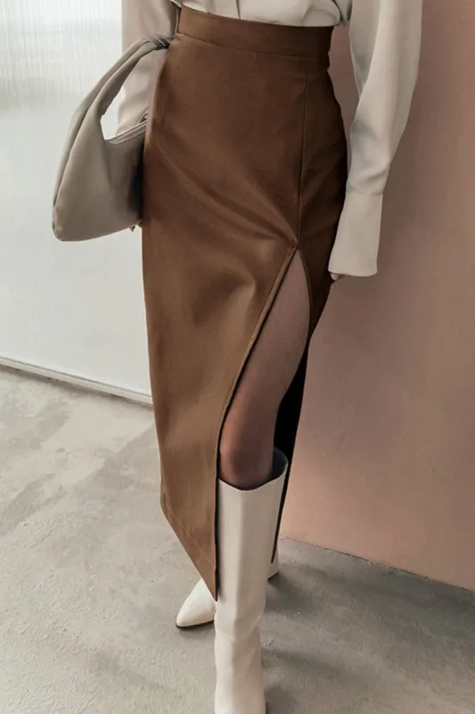 Faux Leather High Waist Split Midi Skirt sold by Micas