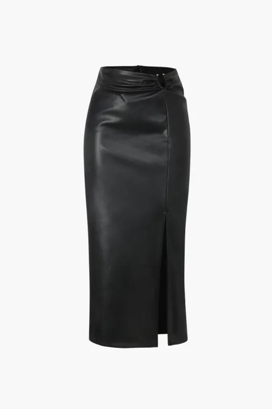 Faux Leather Side Slit Midi Skirt sold by Micas