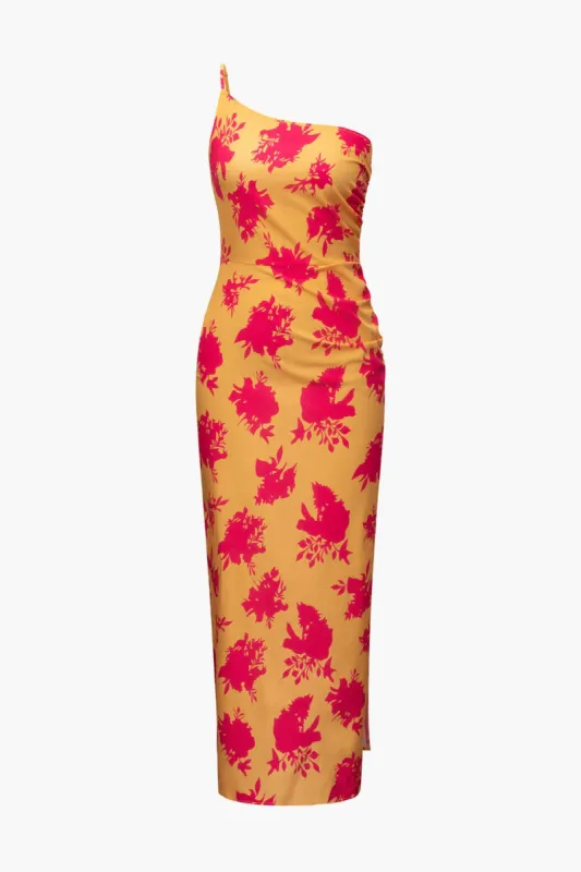 Leaves Print One Shoulder Slit Midi Dress made by Micas
