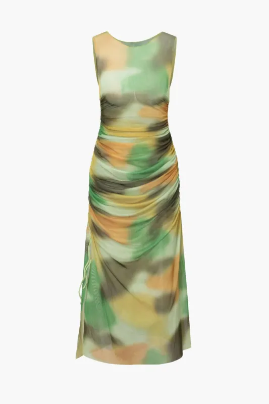 Tie Dye Mesh Ruched Sleeveless Midi Dress sold by Micas