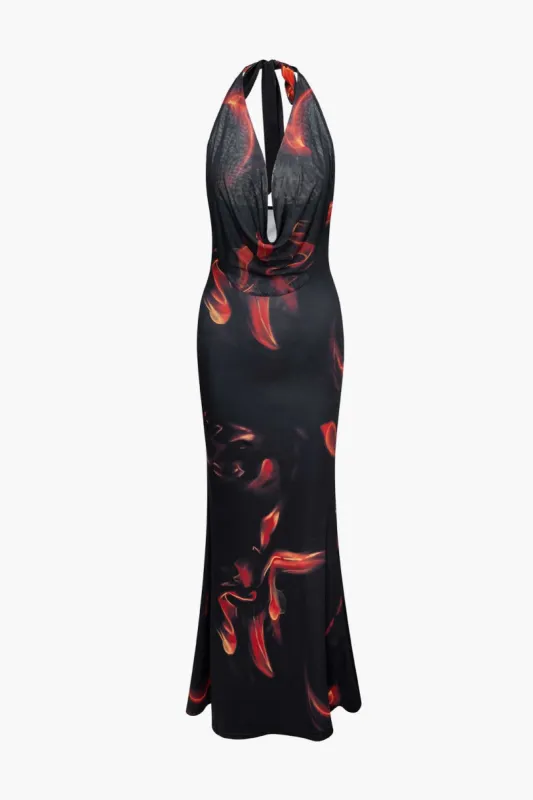 Fire Print Plunge Neckline Halter Maxi Dress sold by Micas