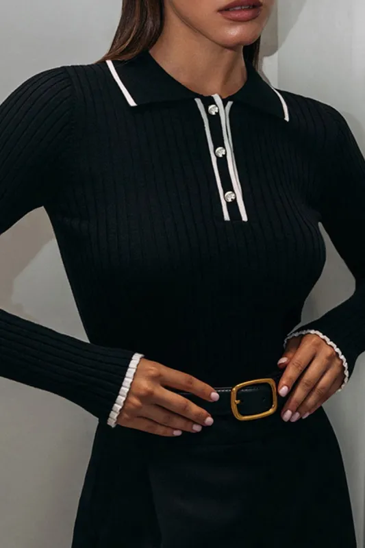 Contrast Open Collar Rib Knit Long Sleeve Top sold by Micas