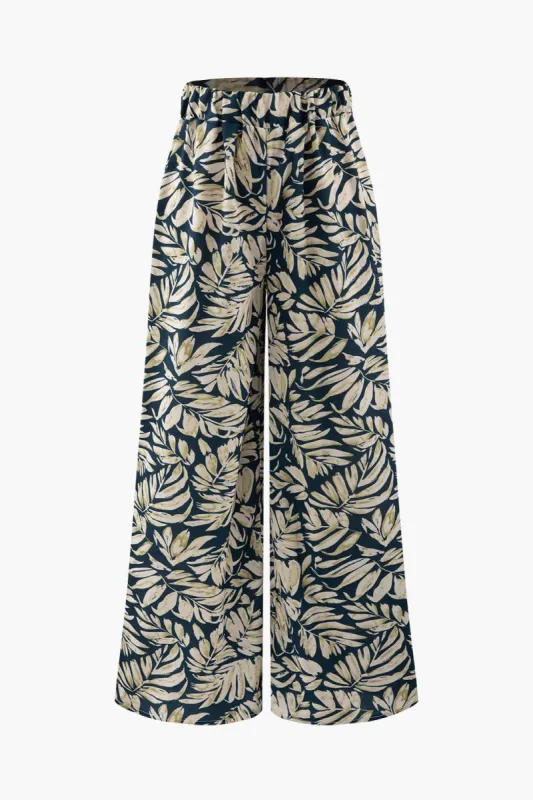 Leaves Print Elastic Waist Wide Leg Pants made by Micas