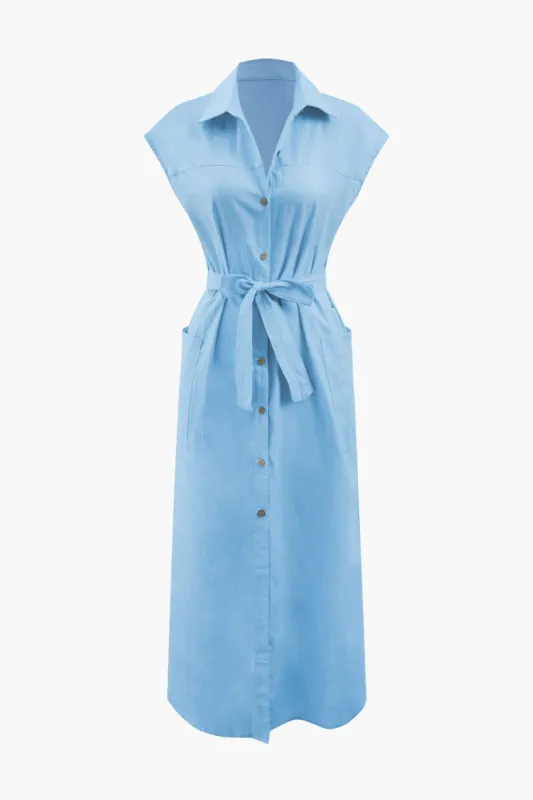 Linen-Blend Cap Sleeve Belted Maxi Shirt Dress sold by Micas