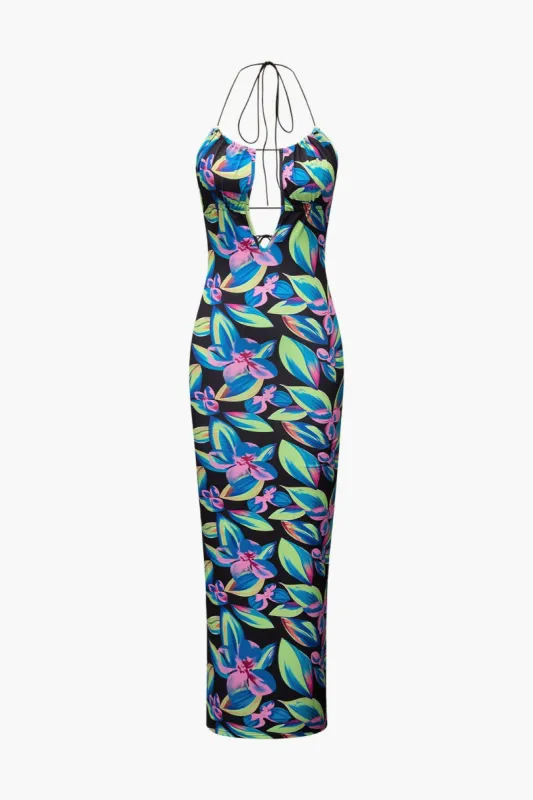 Floral Print Back Slit Halter Maxi Dress sold by Micas