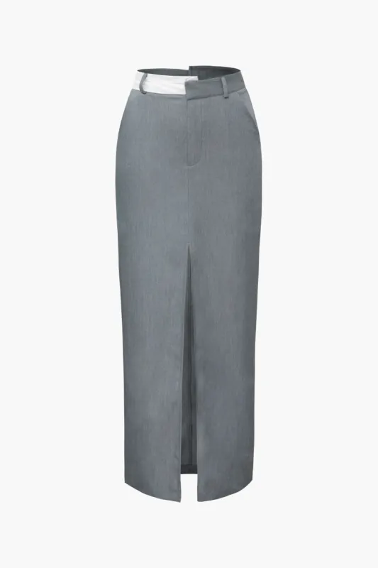 Contrast Waist Slit Front Maxi Skirt sold by Micas