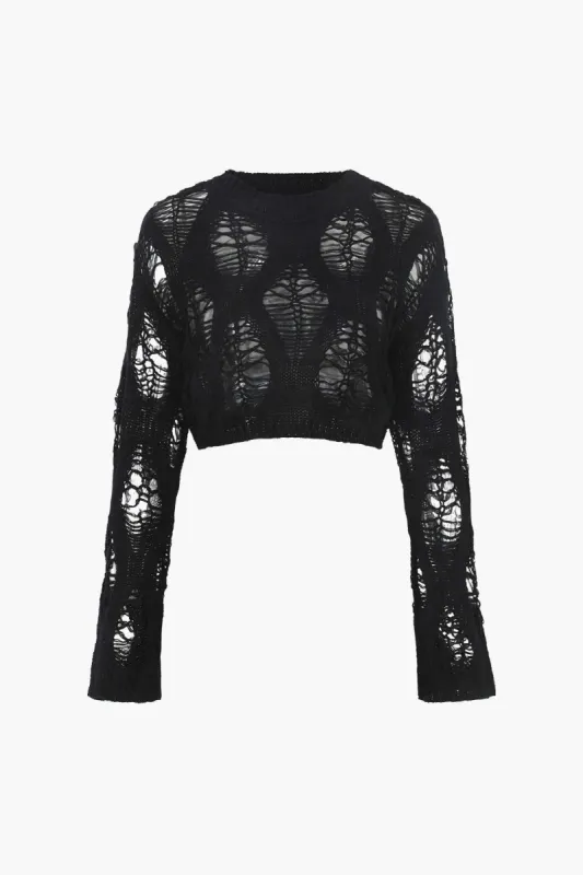 Destroyed Cut-Out Long Sleeve Knit Top sold by Micas
